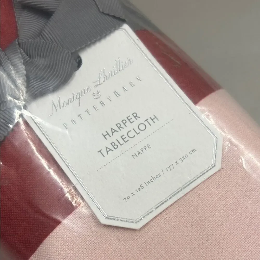 Monique Lhuillier Harper Stripe Organic Cotton Tablecloth Red Pinkish/White NWT